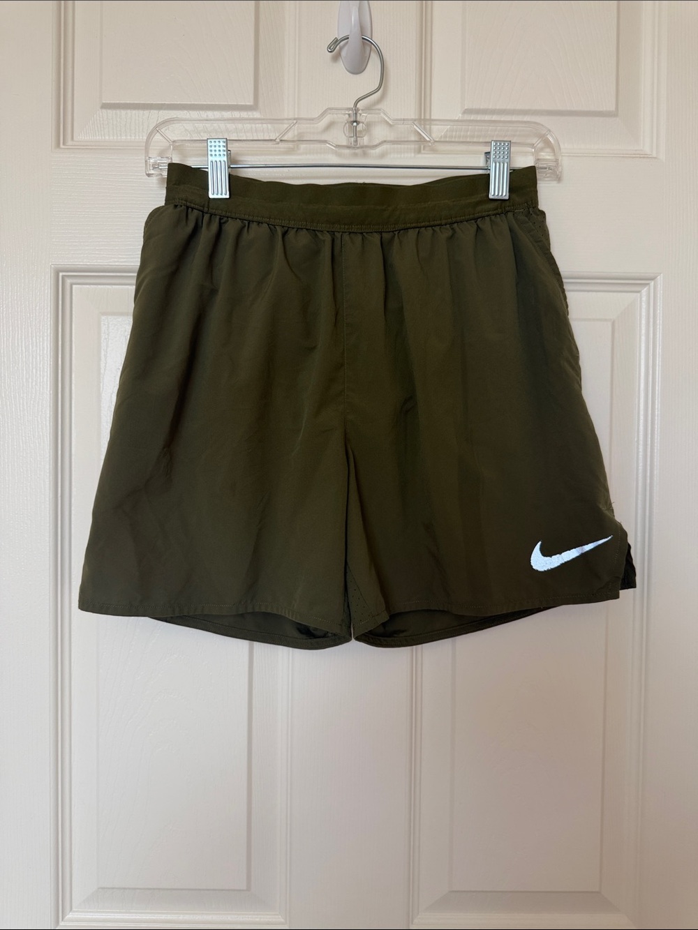 Kids Nike Olive Athletic Running Shorts with White Swoosh